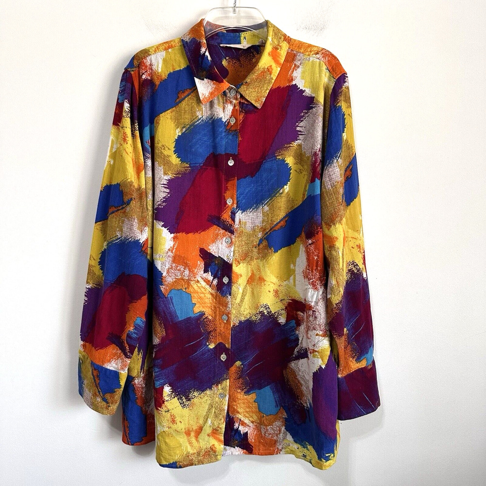 Soft Surroundings Tunic Blouse 2X Plus‎ Painters Palette Cinched Waist Long Slv